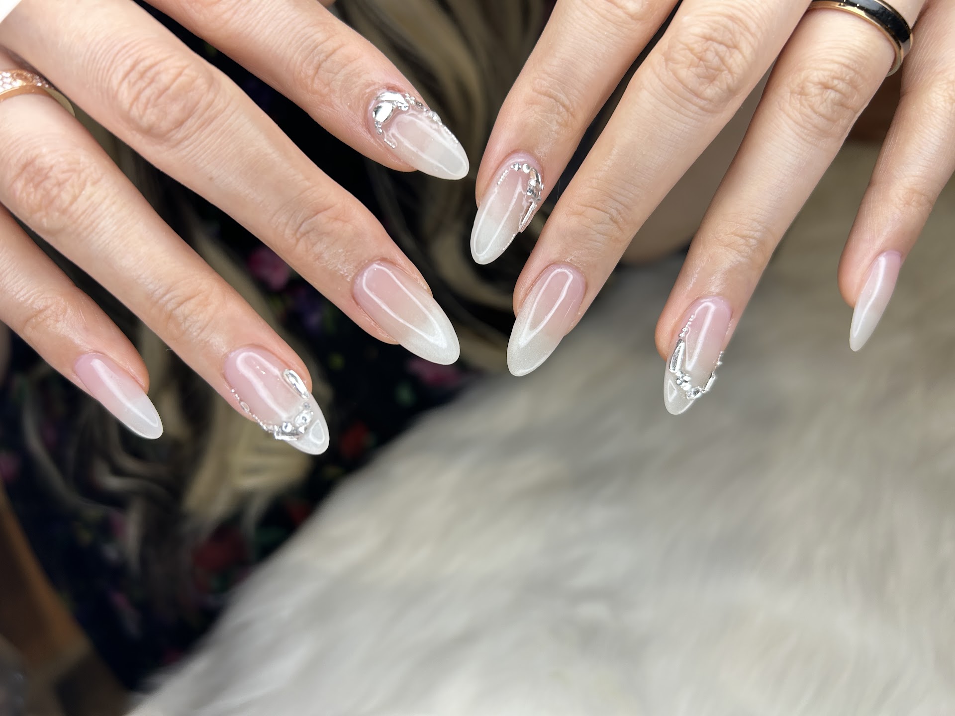 White ombre nails with rhinestones by Dy Nail Studio